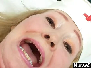 Kinky grandma wears catechize serving-girl coupled with toys herself